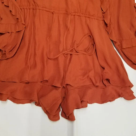 & Merci Woman SzL Romper Ruffle Long Sleeve Drawstring Waist V Neck Burnt Orange - Picture 5 of 13